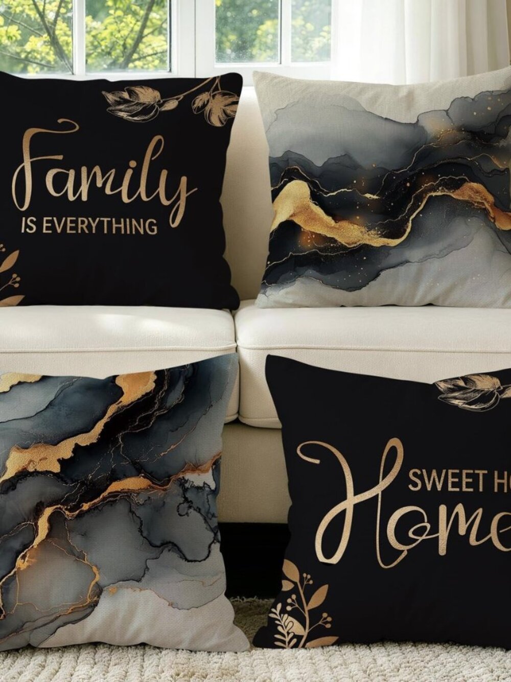 Black Gold Marble Throw Pillow Covers Set of 4, 18x18 Bless Home Decor